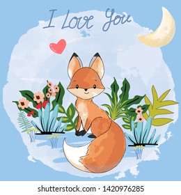 Cute baby fox illustration vector by freehand doodle comic art,for card background or textile print