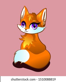 Cute baby fox isolated on pink background in cartoon style