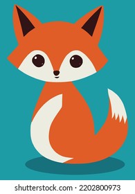 Cute baby fox in kawaii style sitting and looking at the camera. The fox is orange and white, on a teal background.