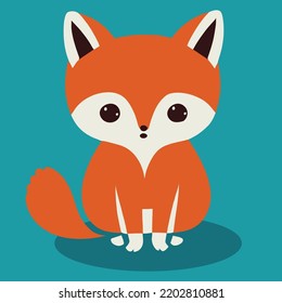 Cute baby fox in kawaii style sitting and looking at the camera. The fox is orange and white, on a teal background.