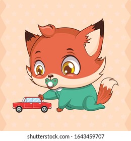 Cute baby fox mascot -  playing with toy car