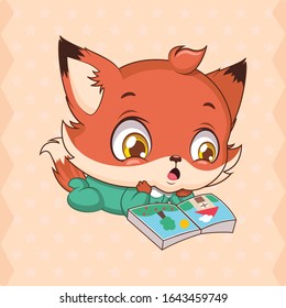 Cute baby fox mascot - reading