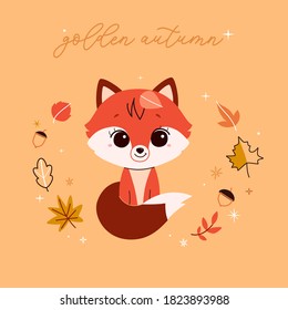 Cute baby fox in minimalistic flat style with wreath from autumn leaves. Vector background.