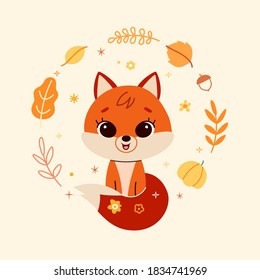 Cute baby fox in minimalistic flat style with wreath from autumn leaves. Vector background.