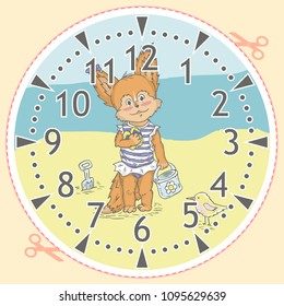 Cute baby fox on clock face. Adorable animal cartoon. Dial for alarm, table, wall clocks models, wristwatch, pocket watch, timer or stopwatch for kids. For learning time at preschool and singly.