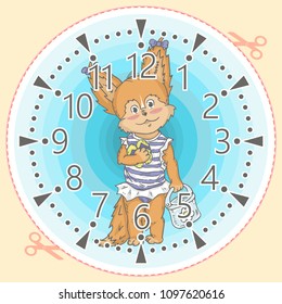 Cute baby fox on clock face. Adorable animal cartoon. Dial for alarm, table, wall clocks models, wristwatch, pocket watch, timer or stopwatch for kids. For learning time at preschool and singly.