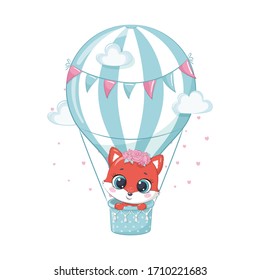 Cute baby fox on a hot air balloon. Vector illustration for baby shower, greeting card, party invitation, fashion clothes t-shirt print.