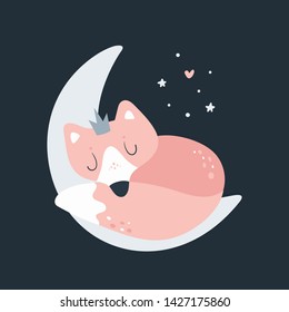 Cute baby fox on the moon. Relax baby. Sweet dreams little one. Night sky, moon, stars and heart. Isolated cartoon animal character illustration. For print, poster, calendar, decoration, textile, card