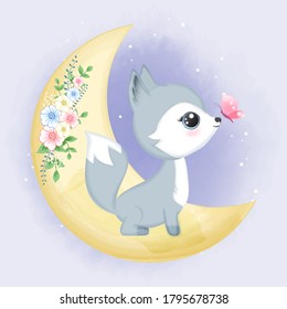 Cute Baby Fox on the moon hand drawn cartoon animal watercolor illustration