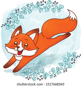 Cute baby fox on a winter watercolor background