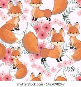Cute baby fox in pink flower garden seamless pattern, illustration vector by freehand doodle comic art, for textile prints or celebrated card background, kid nursery style