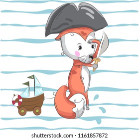 Cute baby Fox pirate cartoon hand drawn vector illustration. Can be used for baby t-shirt print, fashion print design, children wear, baby shower celebration, greeting and invitation card.