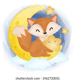 Cute baby fox playing with the moon and stars