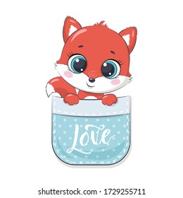 Cute baby fox in pocket. Vector illustration for baby shower, greeting card, party invitation, fashion clothes t-shirt print.