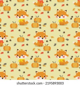 Cute Baby Fox and Pumpkin Seamless Pattern.