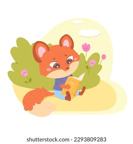 Cute baby fox reading book outdoor vector illustration. Cartoon forest animal with fluffy orange tail and paws sitting, smart character holding yellow cover of kids literature, school textbook.