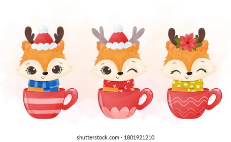 Cute baby fox in Santa Claus hat and sitting on a cup