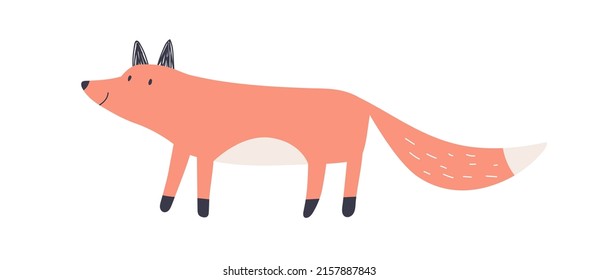 Cute baby fox in Scandinavian style. Happy funny forest animal. Amusing wild pup. Adorable lovely kids character. Scandi nordic childish flat vector illustration isolated on white background