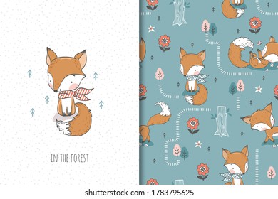 Cute baby fox with scarf, cartoon forest animal character. Kids card print template and seamless background pattern set. Hand drawn surface design vector illustration.