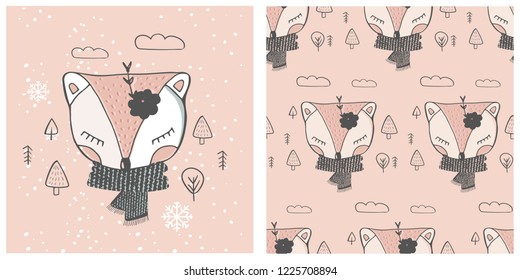 Cute Baby Fox, Seamless Pattern. Cartoon Hand Drawn Vector Illustration.