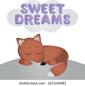 cute baby fox sleeping colorful vector illustration of pup character with text sweet dreams for kids