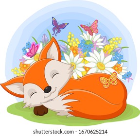 Cute baby fox sleeping in the grass among the flowers