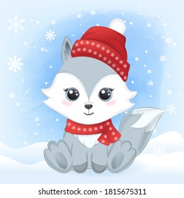 Cute Baby Fox and snow cartoon hand drawn watercolor illustration winter background