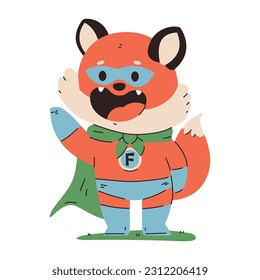Cute baby fox in superhero costume vector cartoon character isolated on a white background.