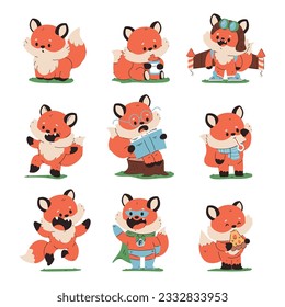 Cute baby fox vector cartoon characters set isolated on a white background.
