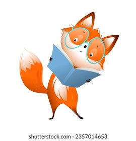 Cute baby fox wearing glasses reading a book, young reader character design for children. Education, school and library illustration for kids. Vector animal character cartoon in watercolor style.