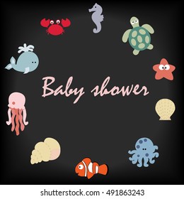 cute baby frame in a marine style on a black background. Baby background. The template for the album or scrapbook.