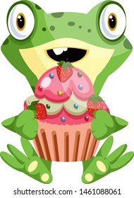 Cute baby frog holding a cupcake with the strawberries, illustration, vector on white background.