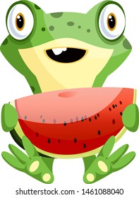 Cute baby frog holding a watermelon, illustration, vector on white background.