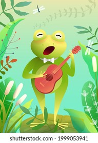 Cute baby frog playing quitar or singing a song standing on the waterlily in a pond or swamp. Musical party frog or toad for kids. Vector swamp scenery illustration for children in watercolor style.