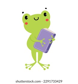 Cute baby frog standing with book. Funny smart amphibian animal character. Kids education concept cartoon vector illustration