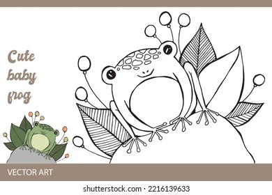 Cute Baby frog, vector art, Coloring book page, Cute frog drawing, coloring page, frog lineart.