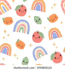 Cute baby fruits and rainbows with smiling face cartoon seamless pattern. Happy kawaii tropical food repeat background. Magic exotic characters in flat doodle style. Modern trendy vector illustration