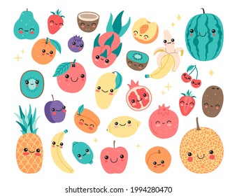 Cute baby fruits with smiling face cartoon stickers clip art for kids. Happy kawaii tropical fruit collection. Magic exotic food characters set in flat doodle style. Modern trendy vector illustration