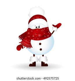 Cute, baby, funny Snowman with scarf, red hat , greetings isolated on white background. vector cartoon illustration.
