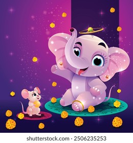 Cute Baby Ganesh, with Cute Pink Mouse enjoying with flowers vector Background