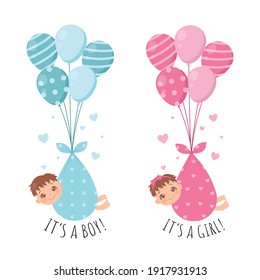 Cute baby gender reveal. Girl and boy infant flying with balloons. Newborn cartoon style. Flat vector design.