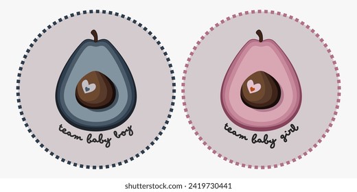 Cute baby gender reveal greeting card, sticker, template, label, flyer with unique pink and blue avocado motif