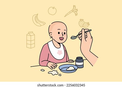 Cute baby getting feed by mom at home. Smiling toddler try new different food. Children eating habit. Vector illustration. 