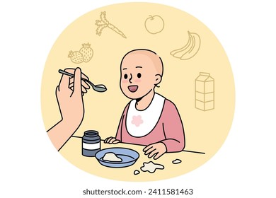 Cute baby getting feed by mom at home. Smiling toddler try new different food. Children eating habit. Vector illustration.