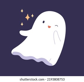 Cute baby ghost flying. Happy Halloween spook winking, whispering holiday secret. Funny boo character floating in night sky with stars. Cheerful phantom. Isolated childish flat vector illustration