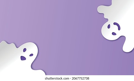 Cute baby ghost spirit on purple background with blank space. Happy Halloween. Paper cut of baby ghost spirit. paper cut and craft style. vector, illustration.