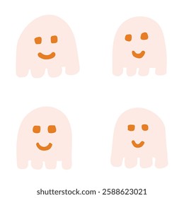Cute baby ghosts lined up as a Halloween spooky scene in color palette of light pink, pastel orange on white background. A seamless vector pattern. Great for home decor, fabric, wallpaper, gift wrap.