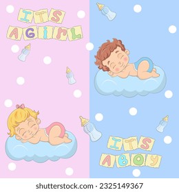 Cute baby gir and boy baby shower vector illustration. Cartoon style character. Happy baby boy, Perfect illustration for t-shirt wear fashion print design, greeting card, baby shower, party invitation