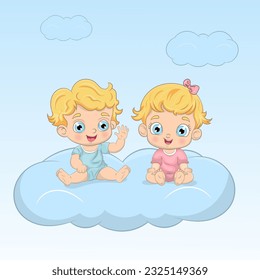 Cute baby gir and boy baby shower vector illustration. Cartoon style character. Happy baby boy, Perfect illustration for t-shirt wear fashion print design, greeting card, baby shower, party invitation