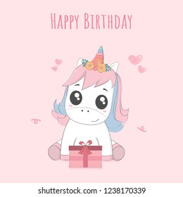 Cute baby giraff with gift box cartoon hand drawn vecter illustration. Happy birthday greeting and invitation card.
